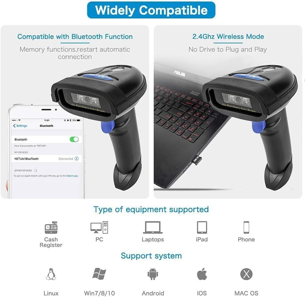 Bluetooth Barcode Scanner, Compatible w/ 2.4G Wireless & Bluetooth Function NEW