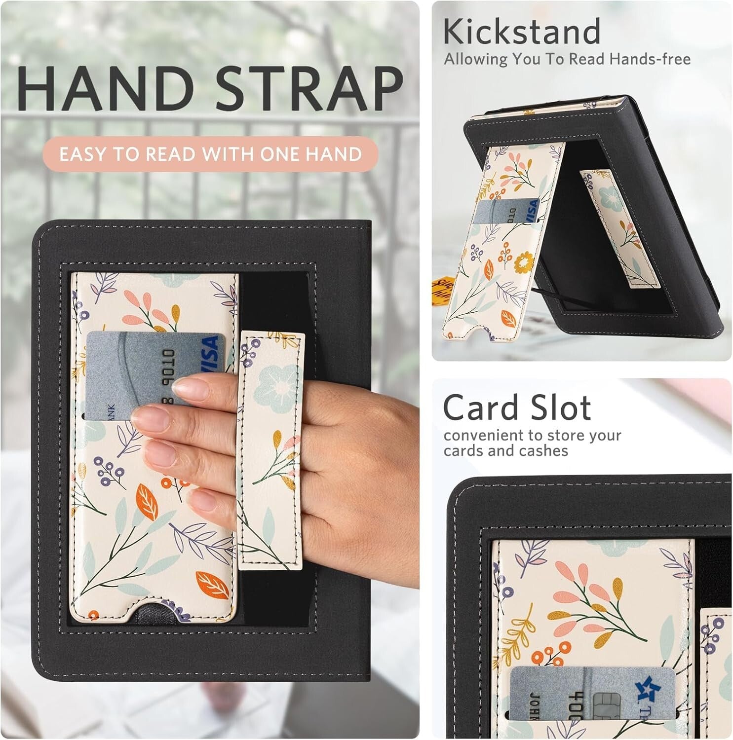 Case for Kindle - Flower Leather Cover w/ Auto Sleep Wake, Hand Strap, Card Slot