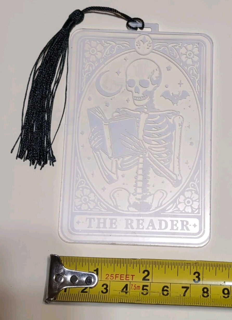 The Reader - Skeleton Tarot Card Bookmark with Tassel -Acrylic Gothic Book Acc..