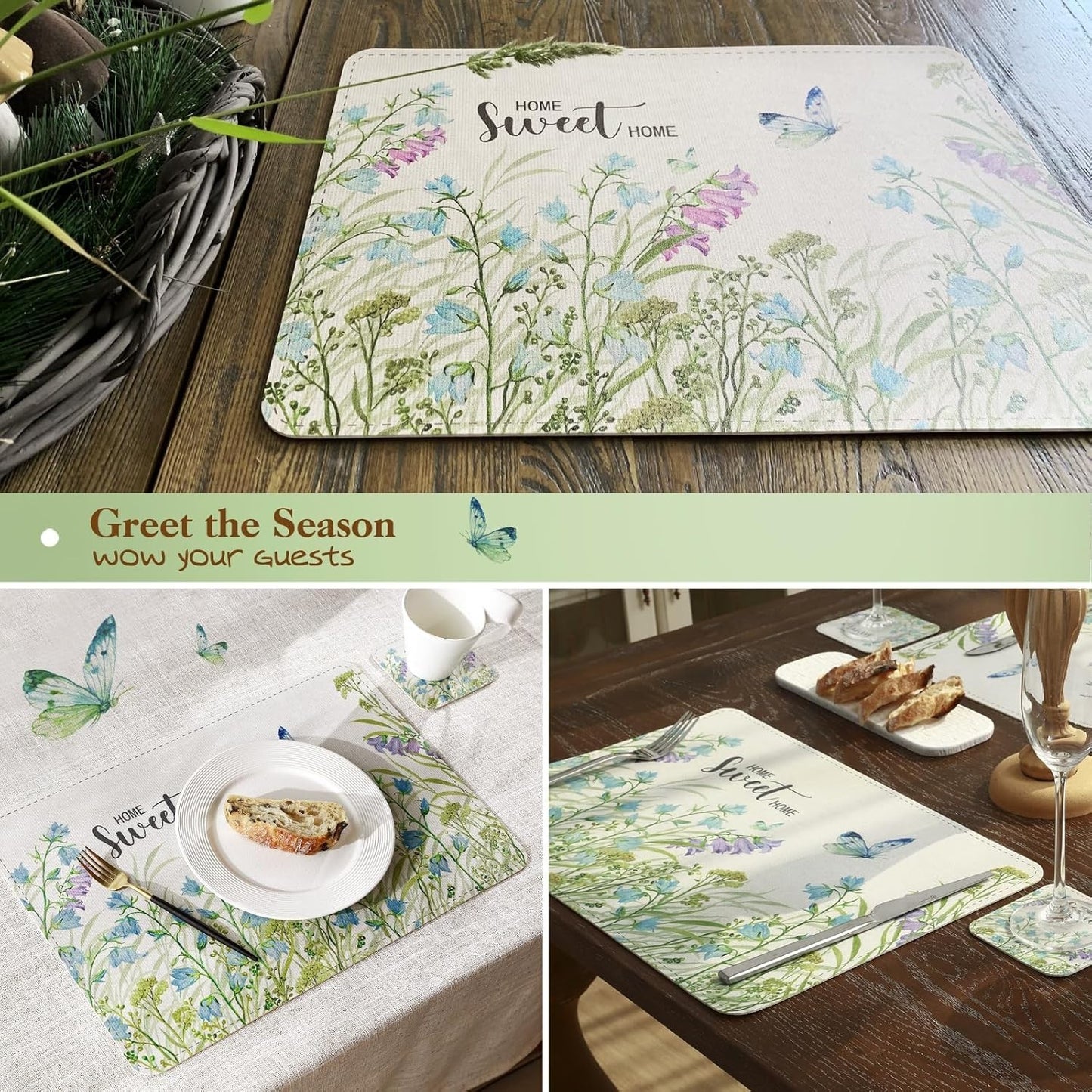 Spring Faux Leather Placemats Set of 4, Placemat 4pcs(17x12 inches) with Coaster
