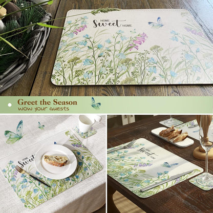 Spring Faux Leather Placemats Set of 4, Placemat 4pcs(17x12 inches) with Coaster