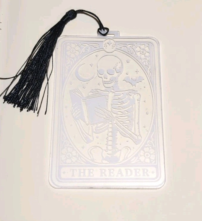 The Reader - Skeleton Tarot Card Bookmark with Tassel -Acrylic Gothic Book Acc..