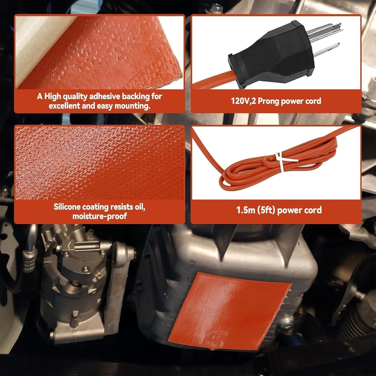 Car Engine Silicone Heating Pad 120v,300w 6x8" for Metal Surface (2 Pcs Orange)