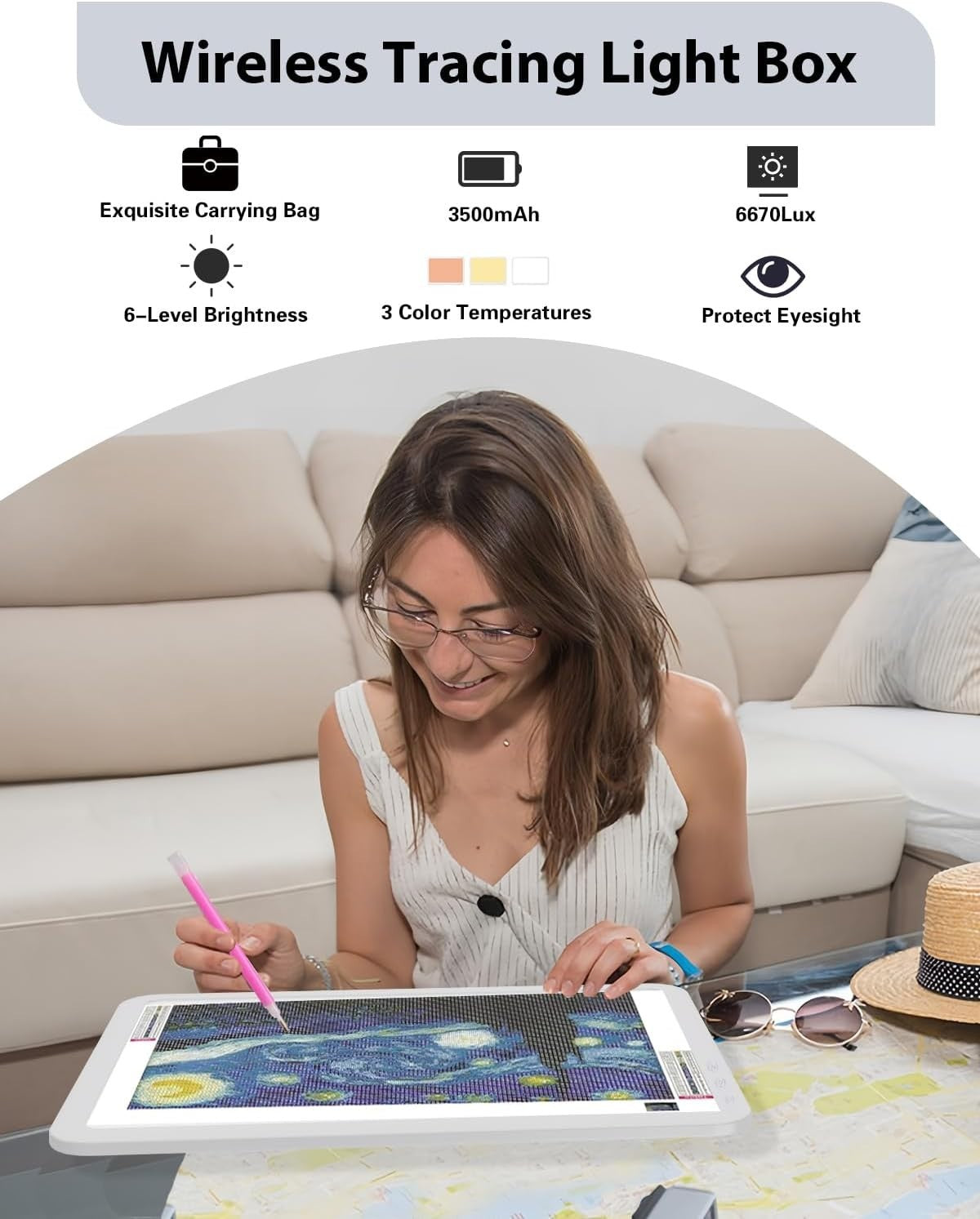 Rechargeable Large Light Board For Tracing 6 Lvl Brightness White w/ Case White