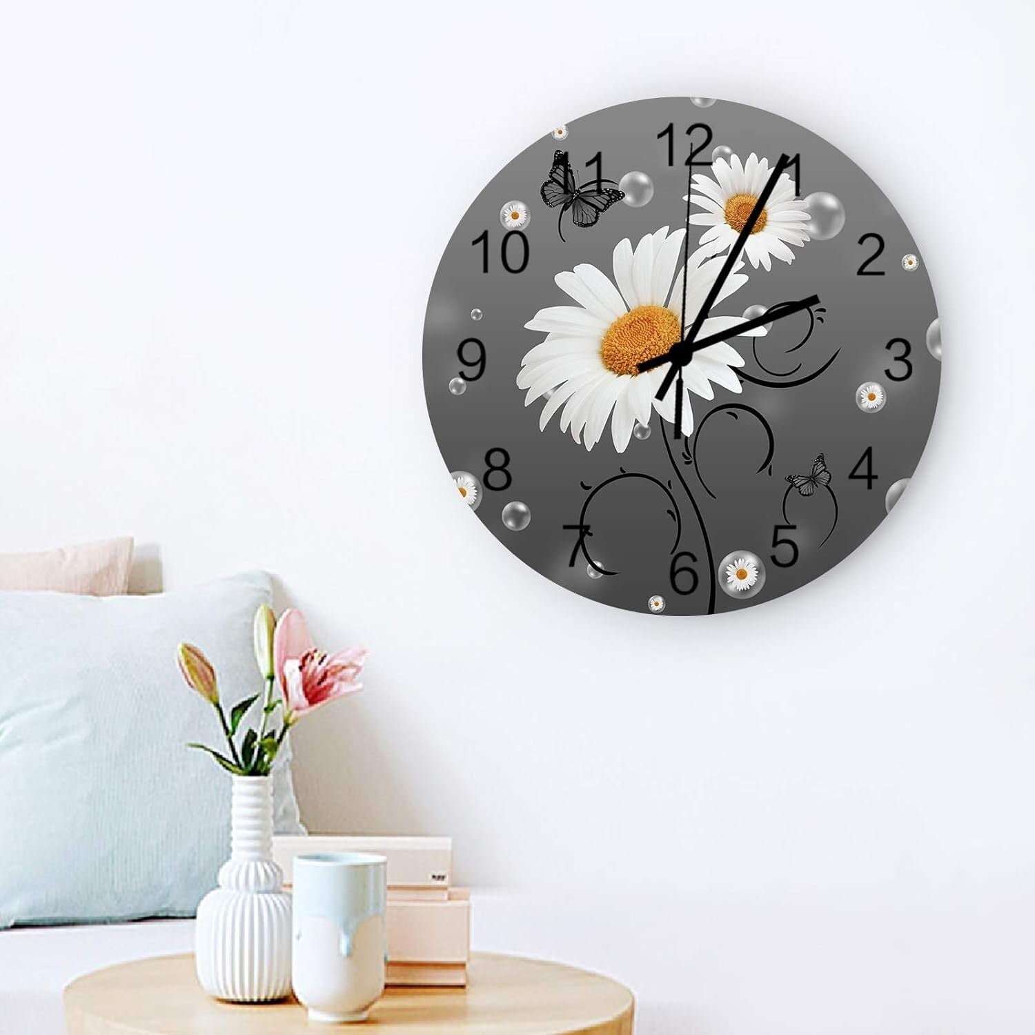 12 Inch Silent Round Wooden Wall Clock Yellow Daisy Butterfly Bubble Gray Backgr