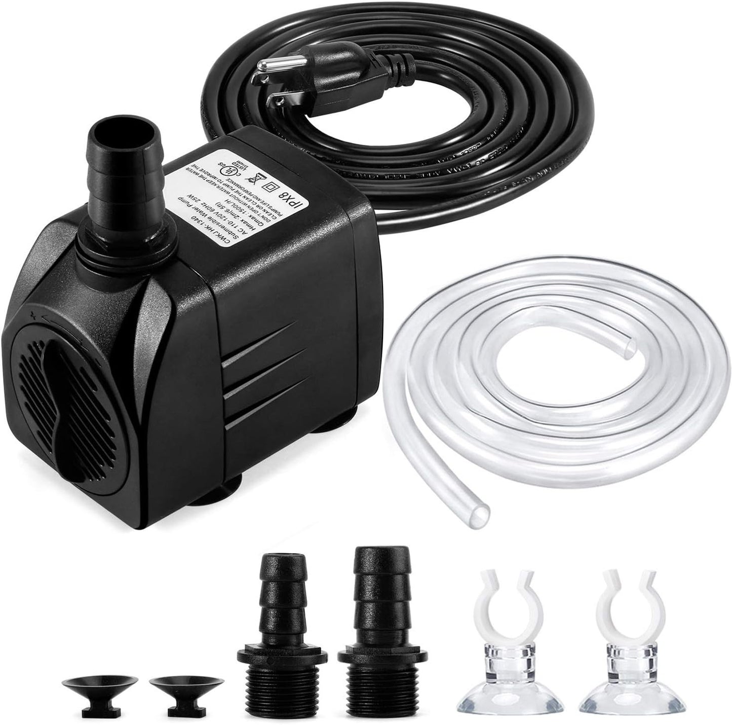 CWKJTOP 400GPH Submersible Water Pump 25W 6.5ft Lift w/ Tubing & Nozzles