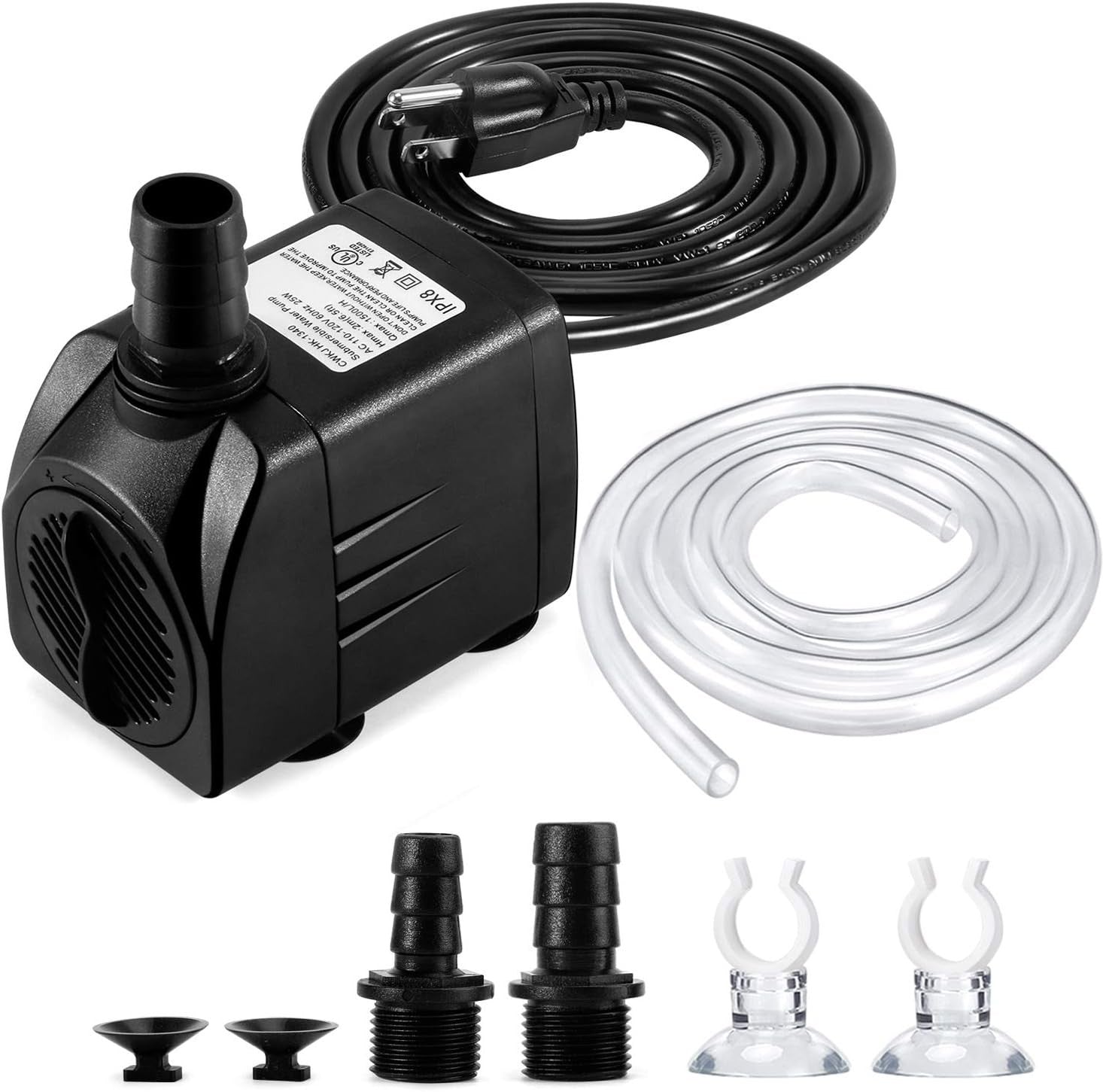 CWKJTOP 400GPH Submersible Water Pump 25W 6.5ft Lift w/ Tubing & Nozzles
