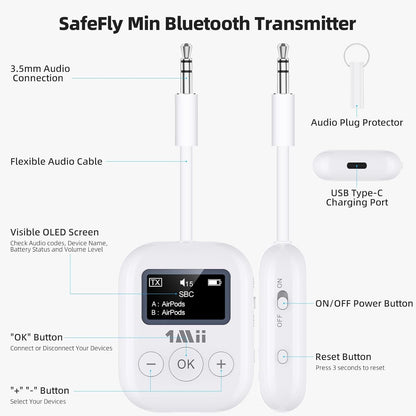 1Mii Bluetooth Transmitter - Low Latency Wireless Audio Aux for Headphone -White