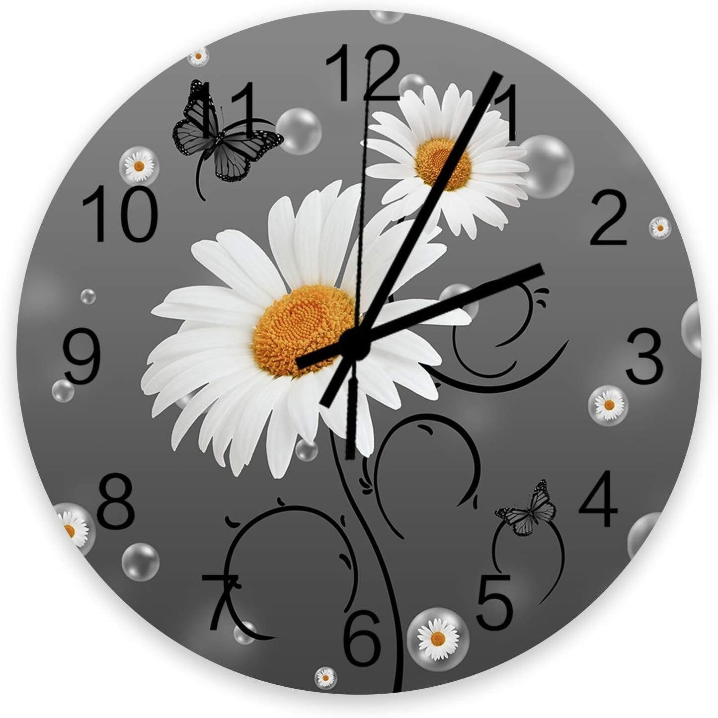 12 Inch Silent Round Wooden Wall Clock Yellow Daisy Butterfly Bubble Gray Backgr