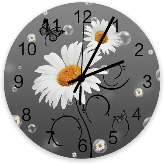 12 Inch Silent Round Wooden Wall Clock Yellow Daisy Butterfly Bubble Gray Backgr