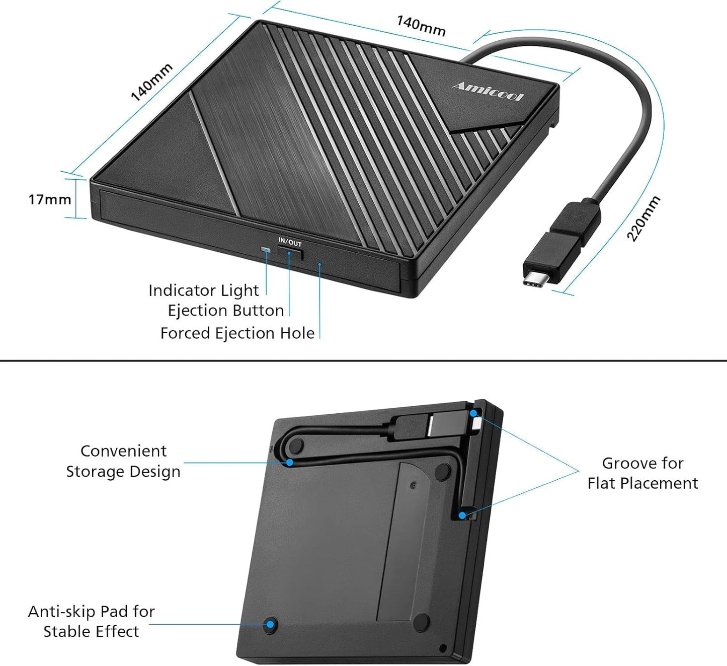 Amicool External DVD Drive USB 3.0 USB-C Portable CD DVD RW Burner Reader Black