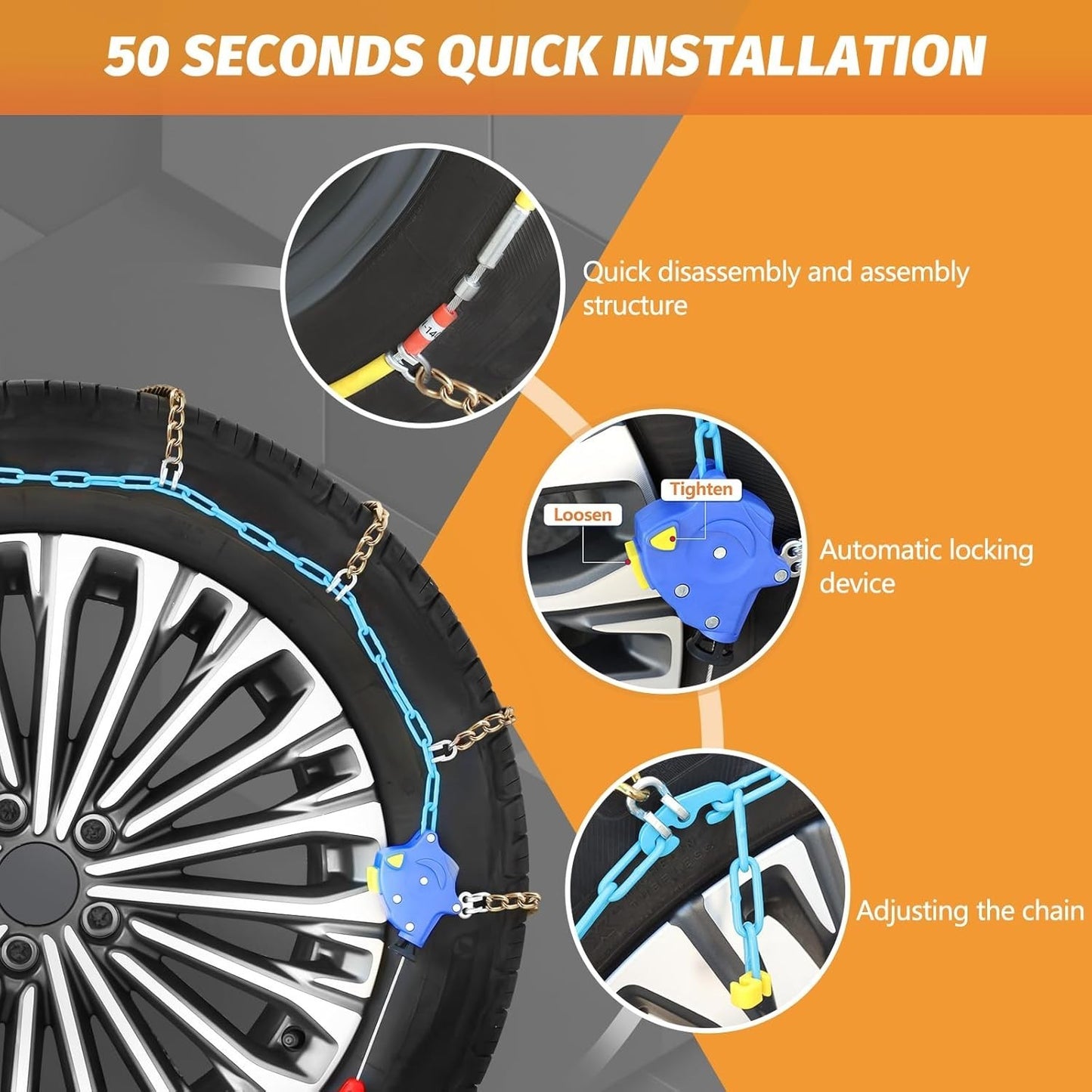 DEDC Auto Lock Snow Tire Chains, 50s Quick Easy, Manganese Steel Alloy Anti S