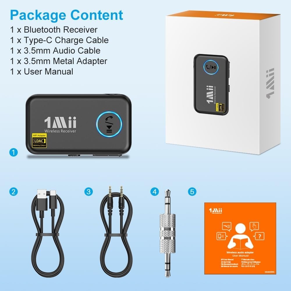 1Mii ML100Pro LDAC Bluetooth 5.3 Aux Adapter Receiver Car Home 10H Battery