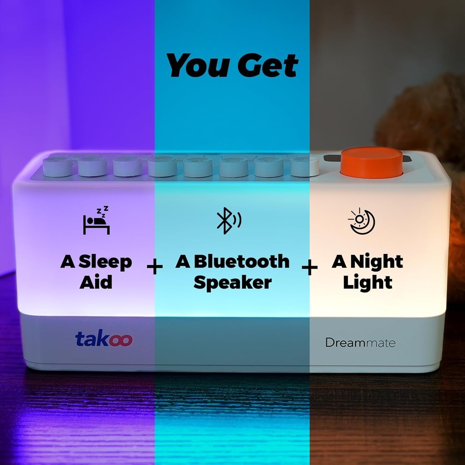 TAKOO 3-in-1 Sleep Sound Machine Bluetooth Speaker Night Light 12 Colors White