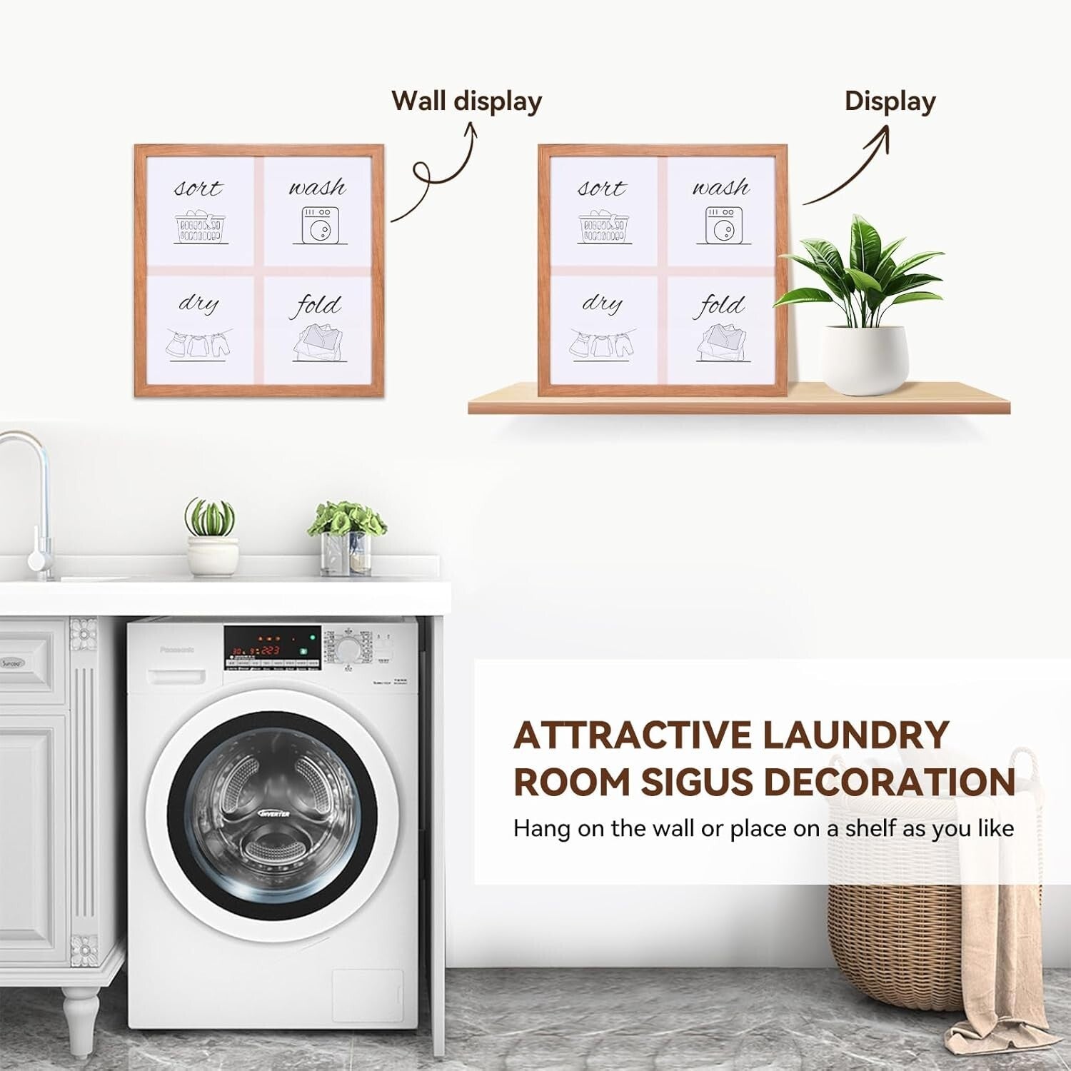 Laundry Room Sign Farmhouse Pictures Wall Art Decor 16×16in (Wood Color)