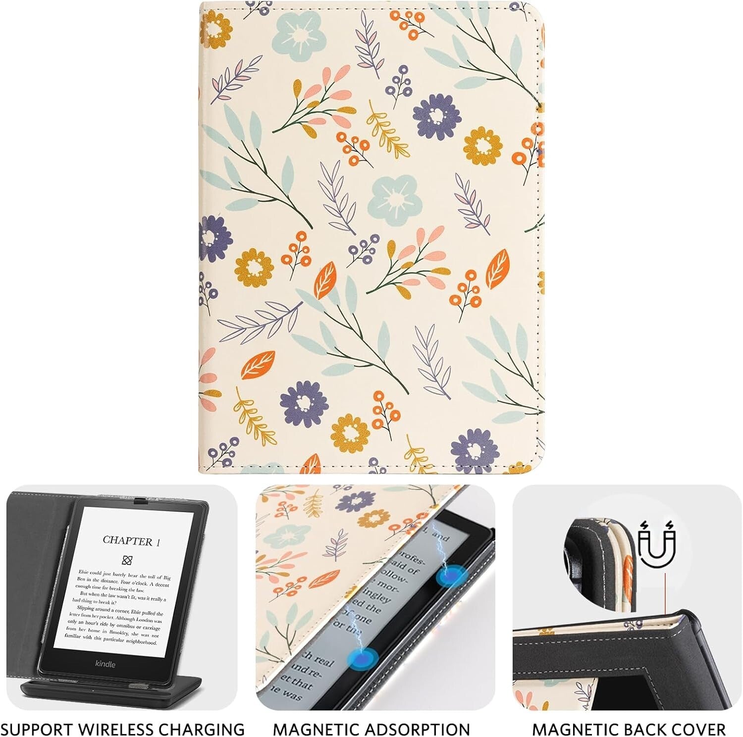 Case for Kindle - Flower Leather Cover w/ Auto Sleep Wake, Hand Strap, Card Slot