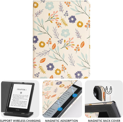 Case for Kindle - Flower Leather Cover w/ Auto Sleep Wake, Hand Strap, Card Slot