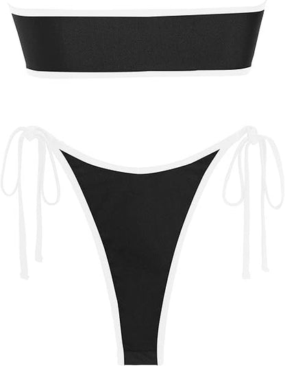 Metal Ring Bandeau Bikini Set w/ Ties, High Cut 2 Piece Swimsuit Set Small Black