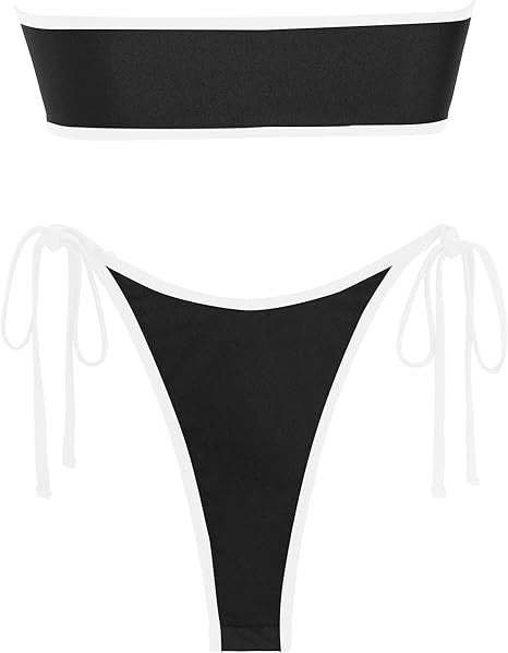 Metal Ring Bandeau Bikini Set w/ Ties, High Cut 2 Piece Swimsuit Set Small Black