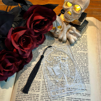 The Reader - Skeleton Tarot Card Bookmark with Tassel -Acrylic Gothic Book Acc..