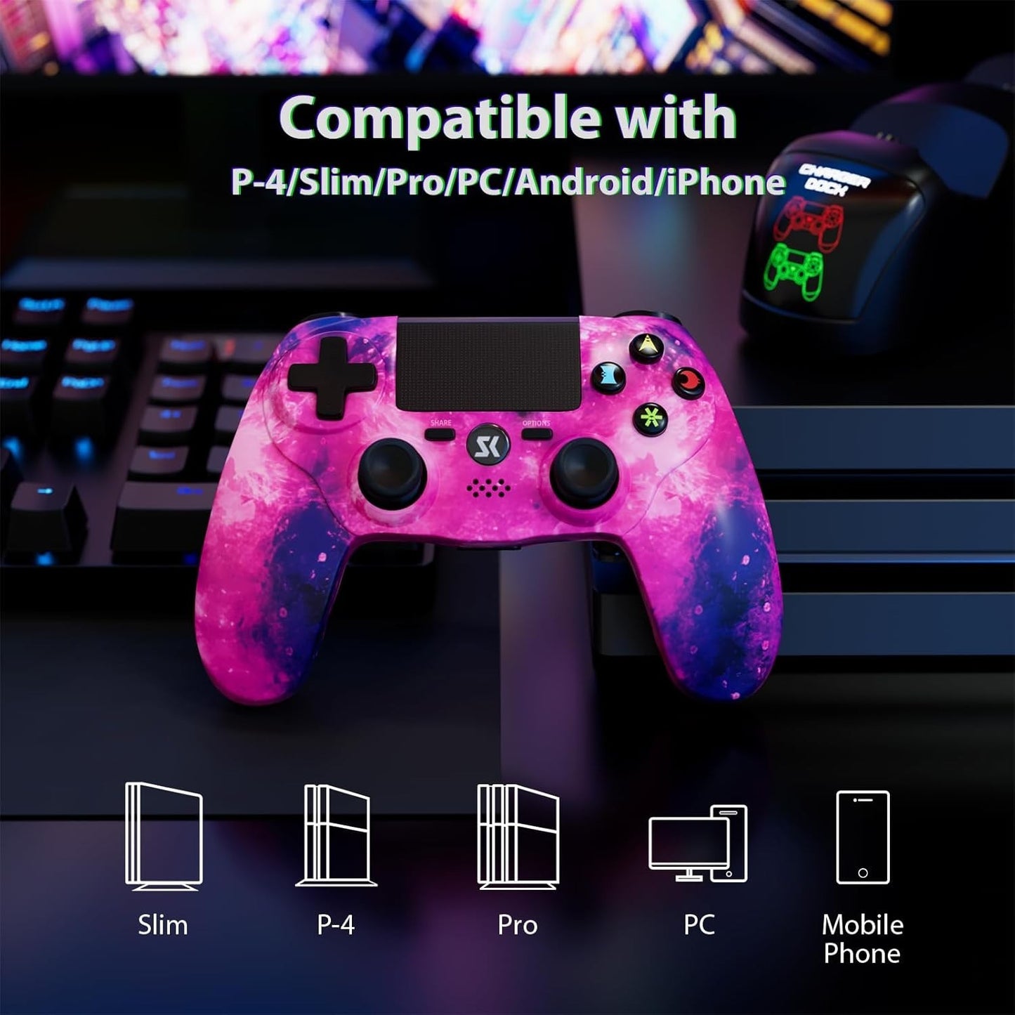 2 Pack Wireless Controllers for PS4/Pro/Slim/PC – Pink & Blue Dual Set