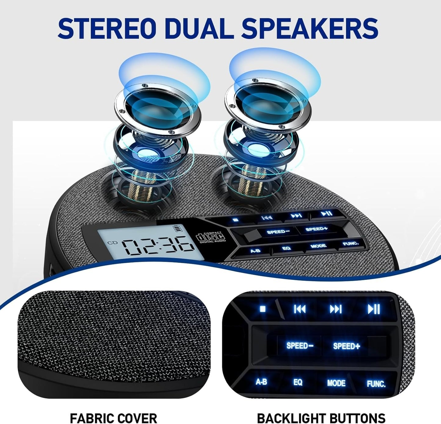 M-Amazup Portable CD Player Rechargeable Dual Speakers Anti-Skip LCD Black