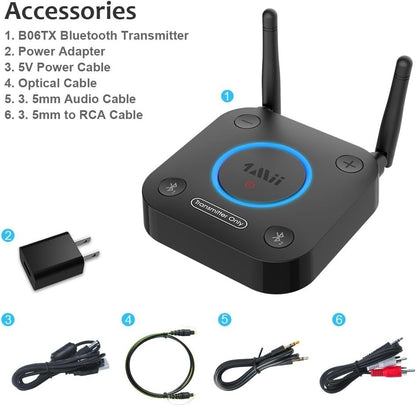 1Mii B06TX Bluetooth 5.2 TV Transmitter aptX LL Optical AUX RCA