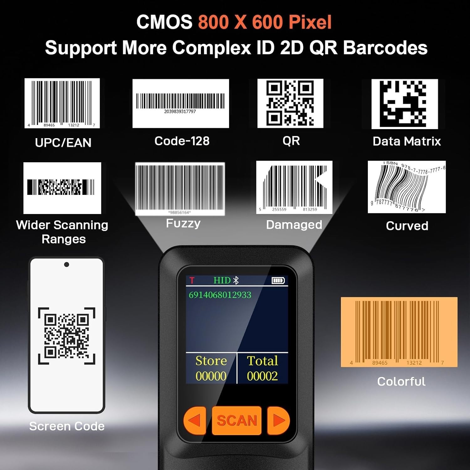 KUIIYER Portable Mini Barcode Scanner Bluetooth 2D QR 1D, LCD & AI Voice for POS