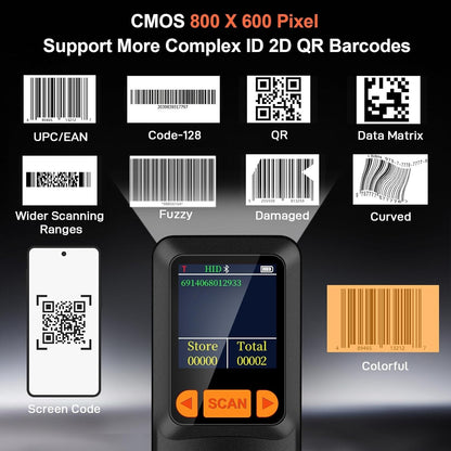 KUIIYER Portable Mini Barcode Scanner Bluetooth 2D QR 1D, LCD & AI Voice for POS