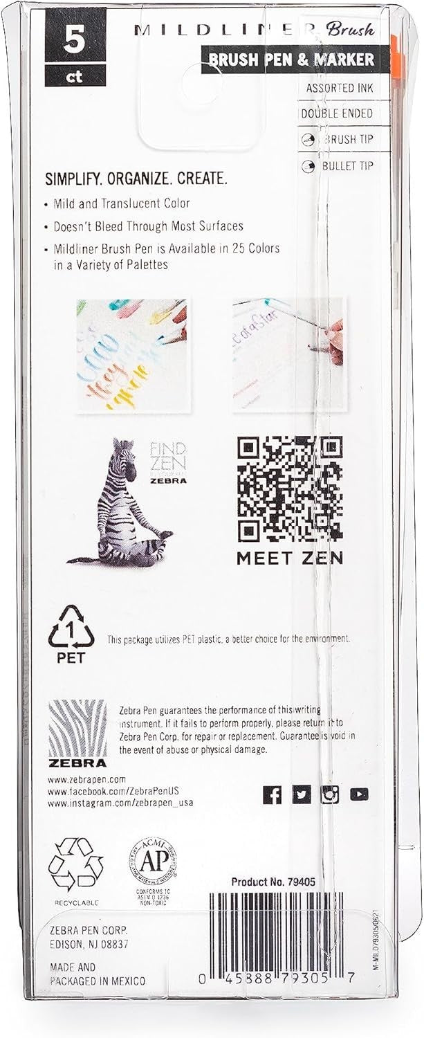 Zebra Pen Mildliner Double-Ended Brush Pen Ideal for Bible Highlighting No Bleed