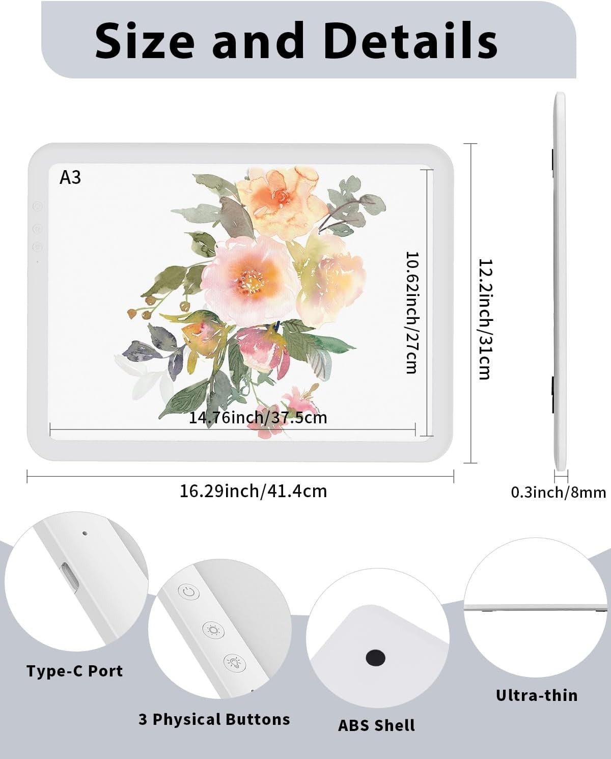 Rechargeable Large Light Board For Tracing 6 Lvl Brightness White w/ Case White