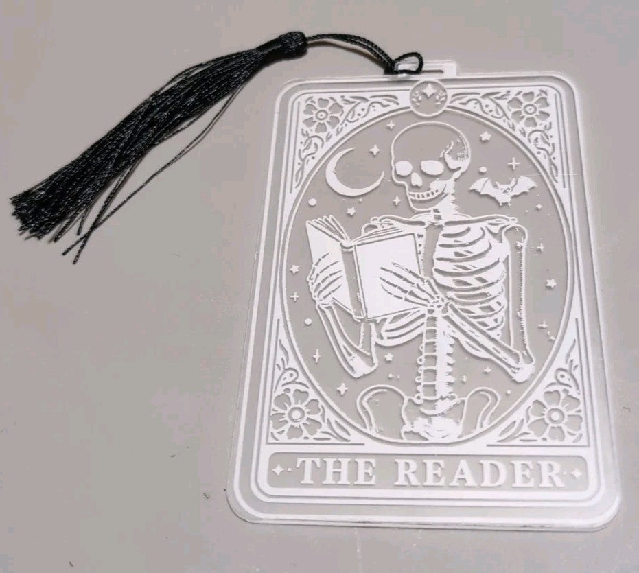 The Reader - Skeleton Tarot Card Bookmark with Tassel -Acrylic Gothic Book Acc..
