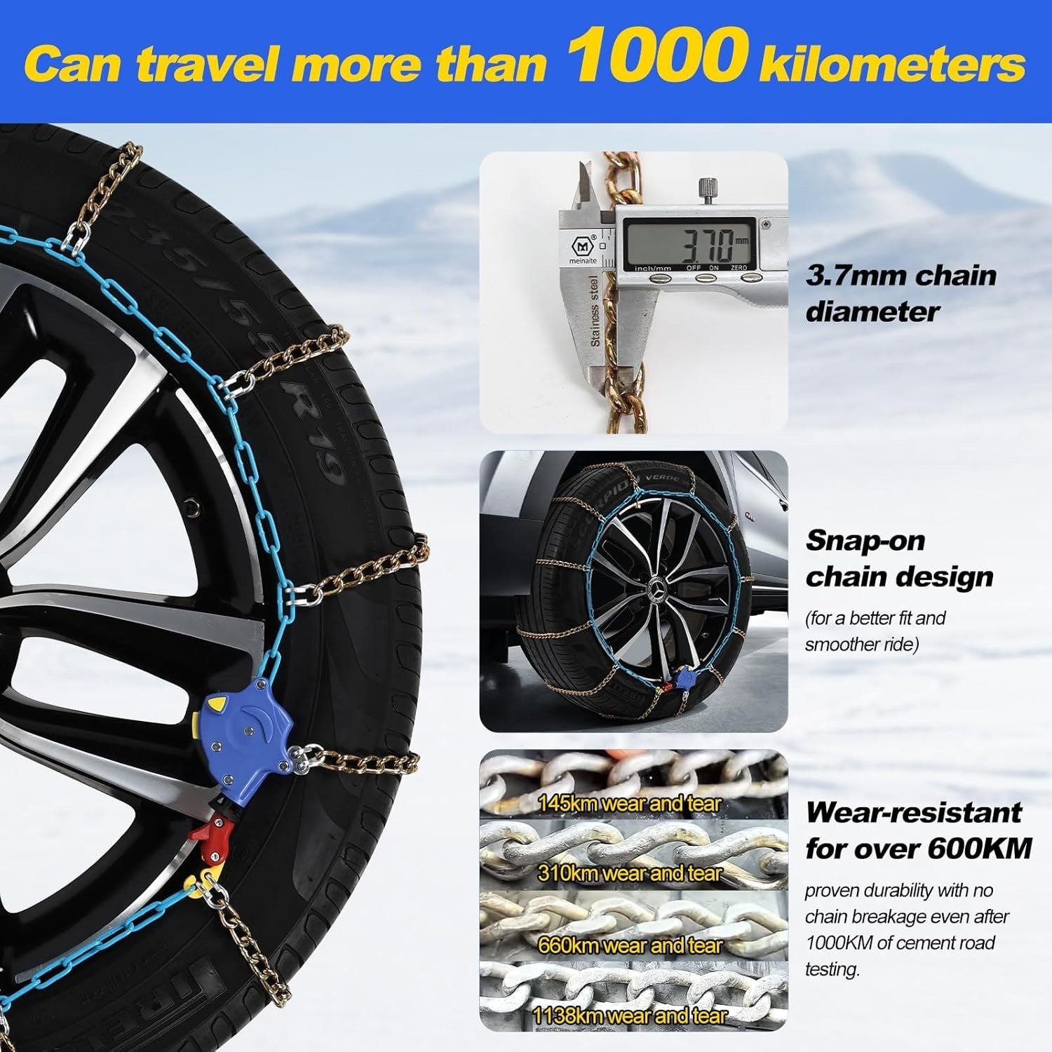 Auto Tightening Snow Tire Chains 1-Min Quick Fit Emergency Traction Set of 2