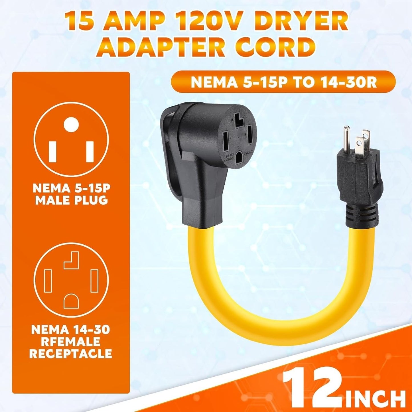 1FT 5-15P to 14-30R Adapter Cord 120V 15A Only – Household Plug to 4-Prong Dryer