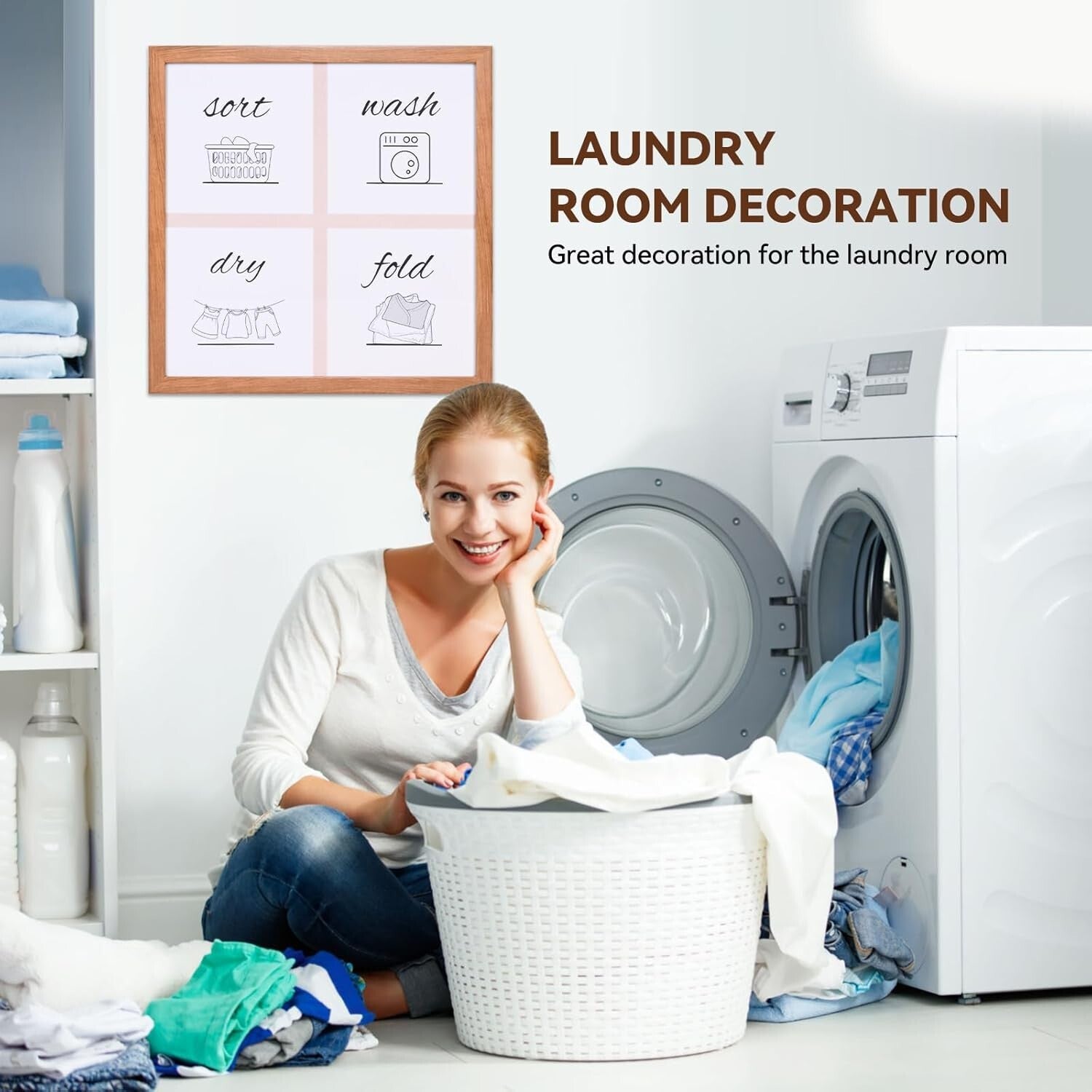 Laundry Room Sign Farmhouse Pictures Wall Art Decor 16×16in (Wood Color)