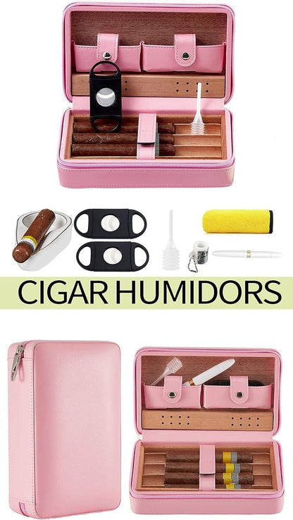 Cigar Case Travel Humidor Kit Leather Gift Cigar Cutter, Ashtray, Blunt Splitter