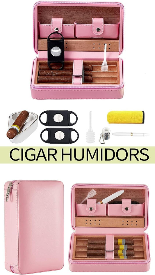 Cigar Case Travel Humidor Kit Leather Gift Cigar Cutter, Ashtray, Blunt Splitter