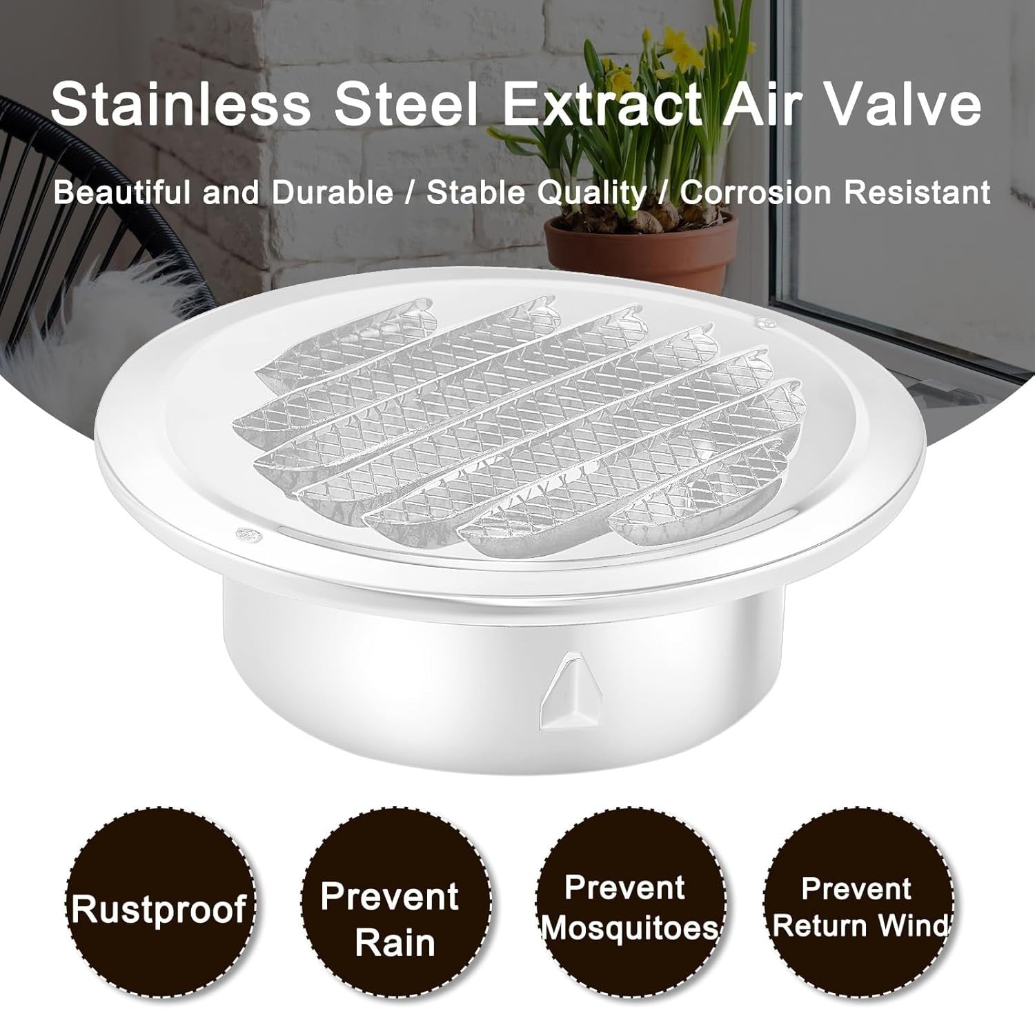 4" Stainless Steel Soffit Vent Round Louvered Exhaust Cover w/ Mesh White