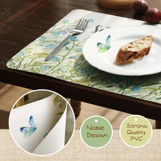 Spring Faux Leather Placemats Set of 4, Placemat 4pcs(17x12 inches) with Coaster