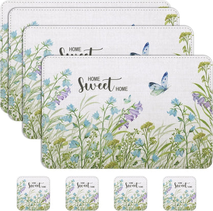 Spring Faux Leather Placemats Set of 4, Placemat 4pcs(17x12 inches) with Coaster