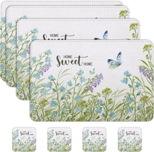 Spring Faux Leather Placemats Set of 4, Placemat 4pcs(17x12 inches) with Coaster
