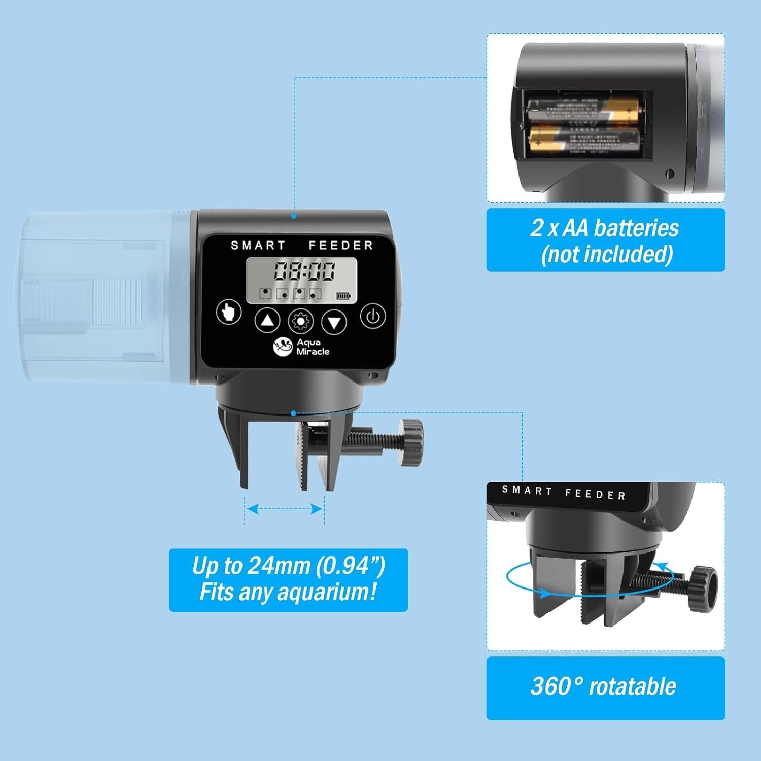 AquaMiracle Automatic Fish Feeder Programmable Timer Adjustable 200ml Drum