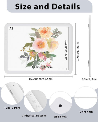 Rechargeable Large Light Board For Tracing 6 Lvl Brightness White w/ Case White