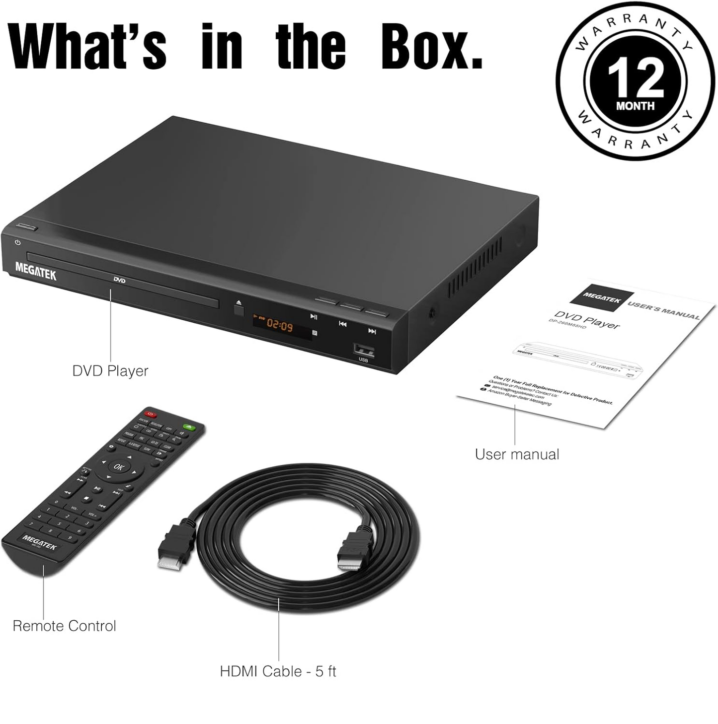 MEGATEK Region-Free HDMI DVD Player – Open Box – Missing RCA Cable – New