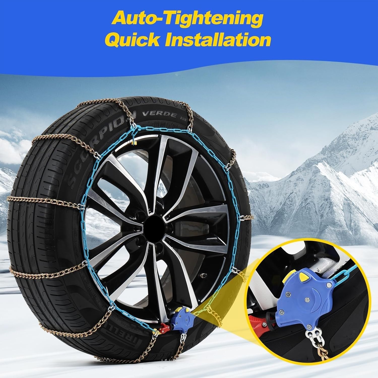 Auto Tightening Snow Tire Chains 1-Min Quick Fit Emergency Traction Set of 2