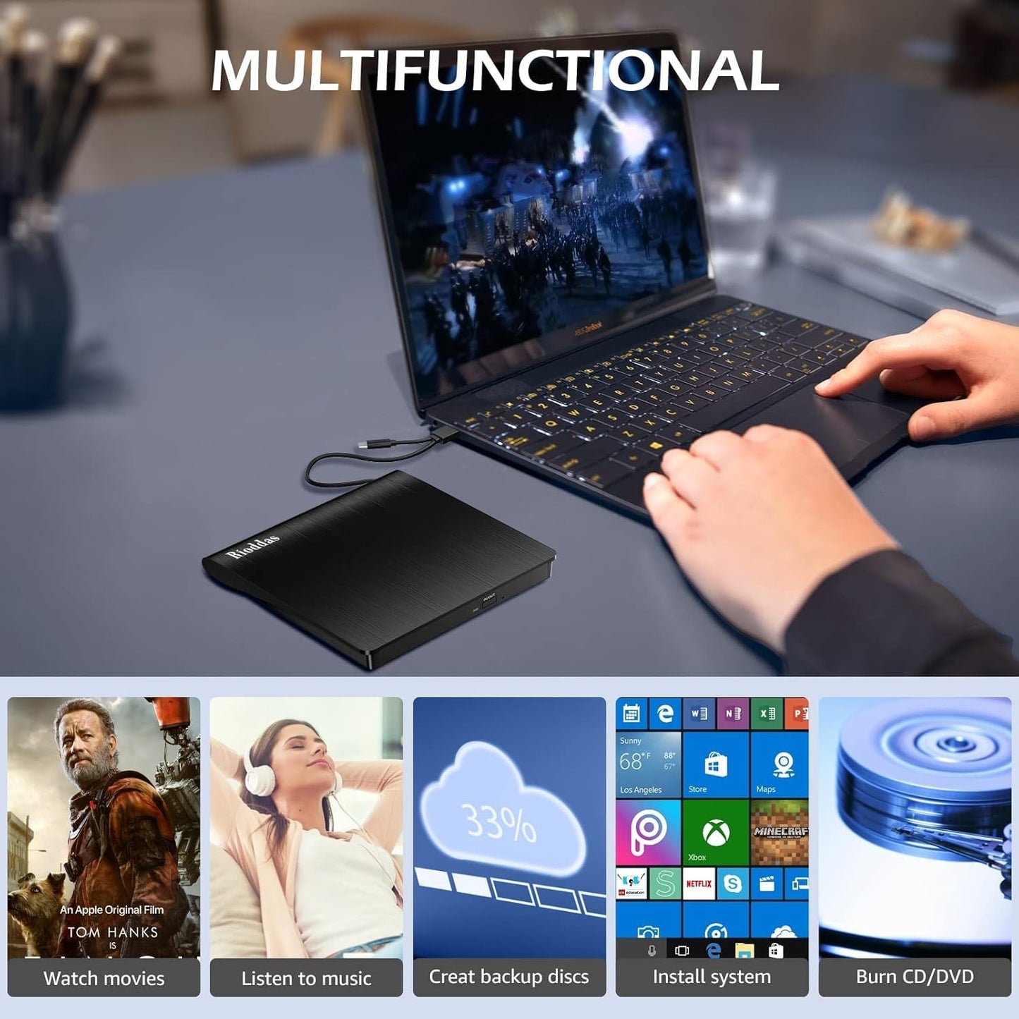 Rioddas External DVD Drive USB 3.0 Type C Portable CD DVD RW Burner Reader