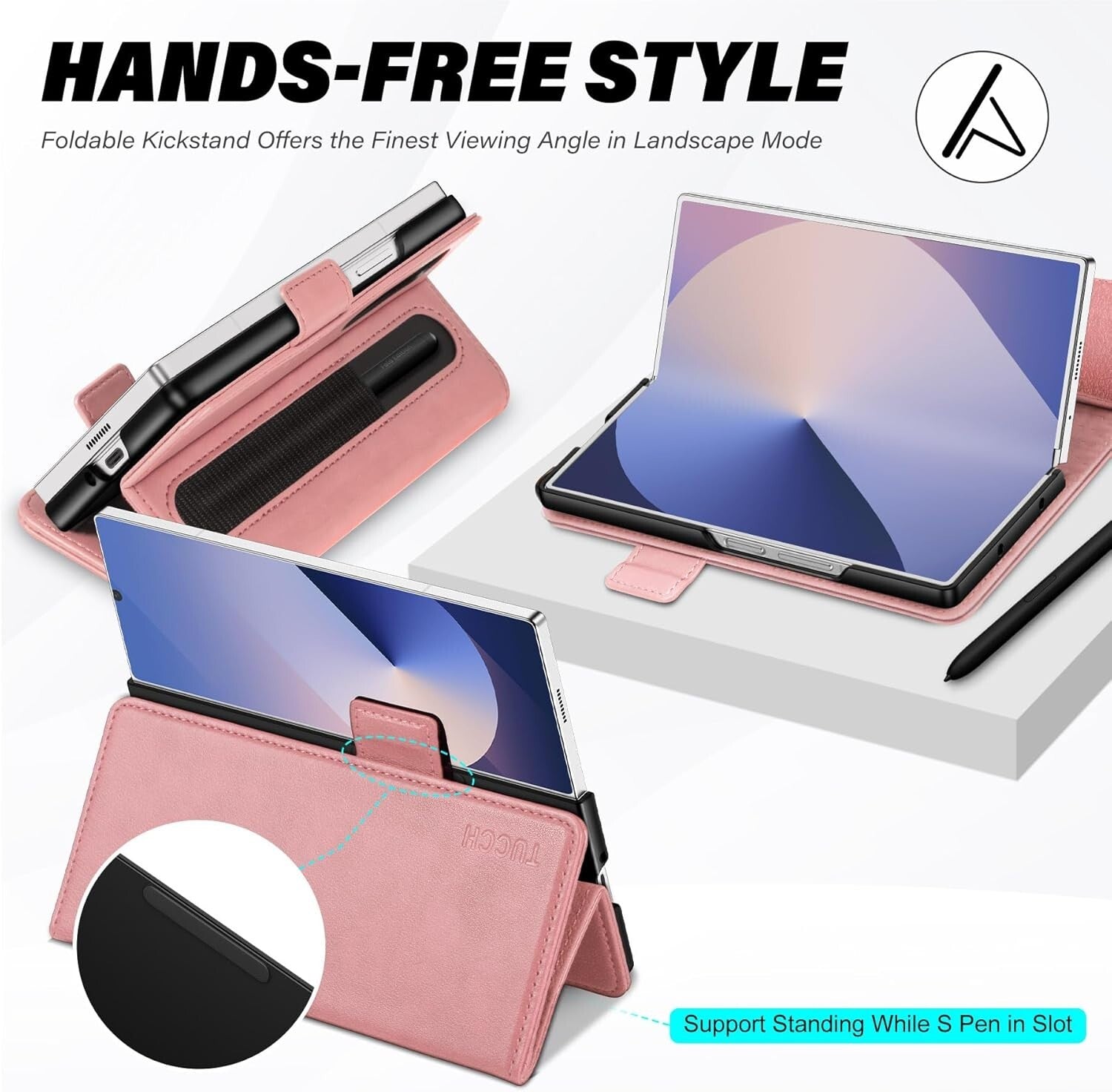 TUCCH Compatible with Galaxy Z Fold6 Wallet Case with S Pen Holder - Pink - New