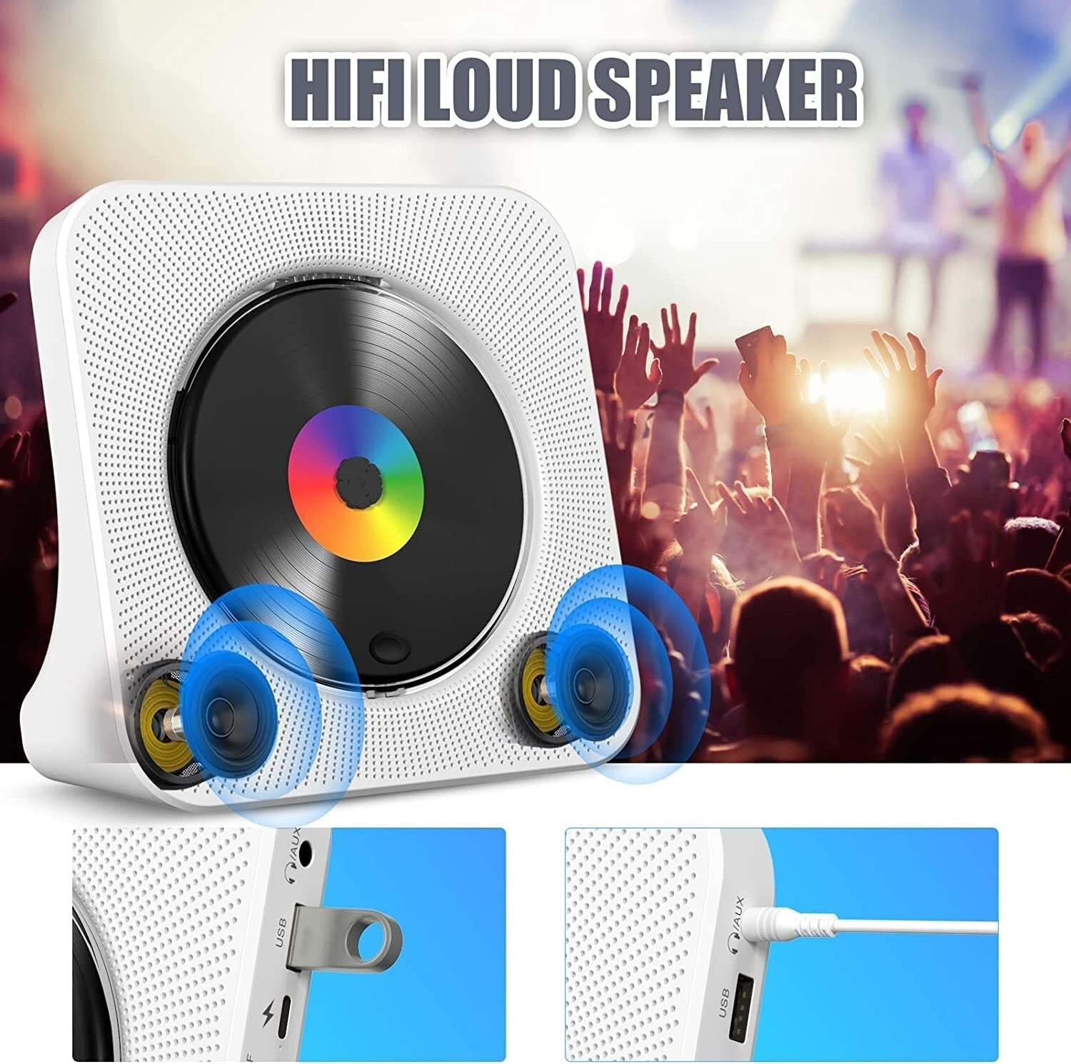 CD Player Portable Bluetooth Desktop for Home - FM Radio/USB/AUX - White - New