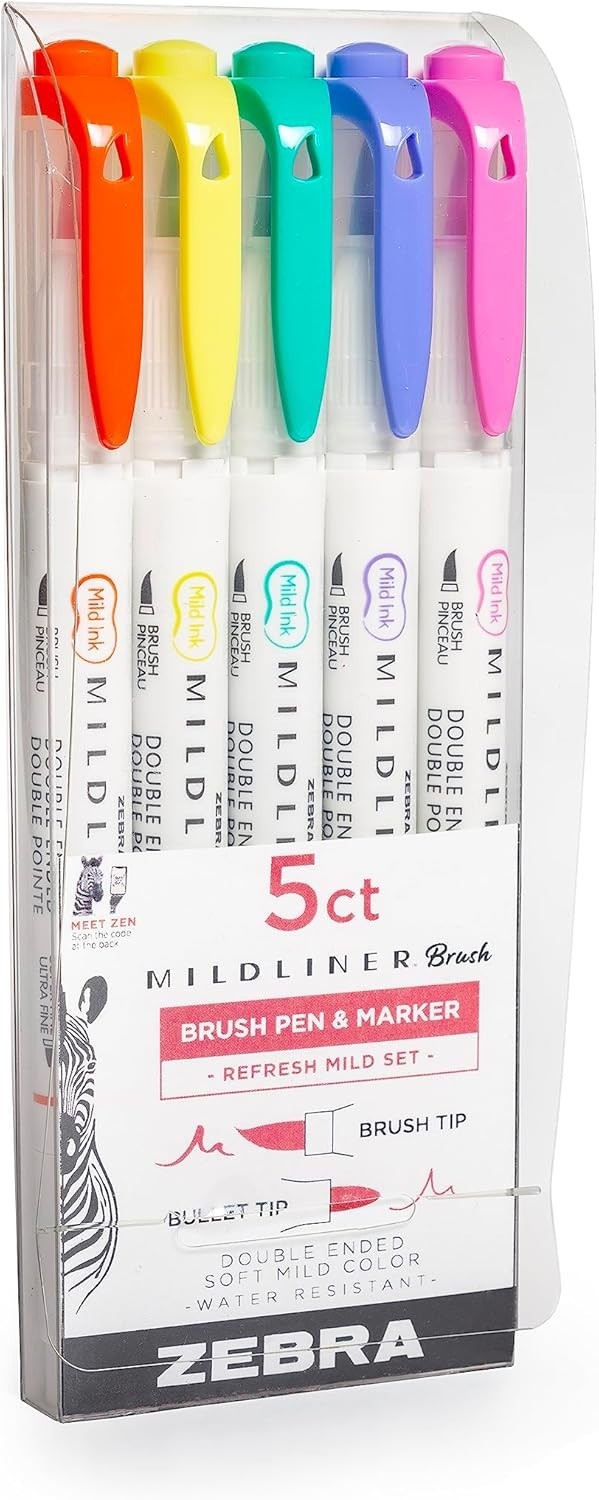 Zebra Pen Mildliner Double-Ended Brush Pen Ideal for Bible Highlighting No Bleed