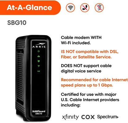Arris Surfboard AC1600 DOCSIS 3.0 SBG10 Cable Modem Wi-Fi 5 -  New